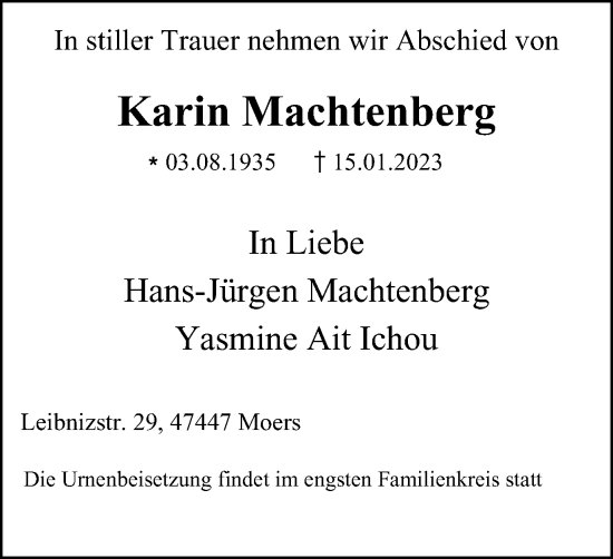 Traueranzeige von Karin Machtenberg von Tageszeitung