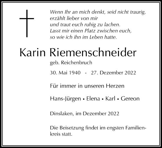 Traueranzeige von Karin Riemenschneider von Tageszeitung