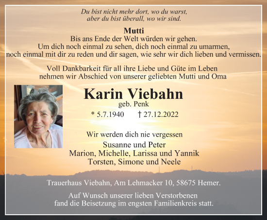 Traueranzeige von Karin Renate  Viebahn von Tageszeitung