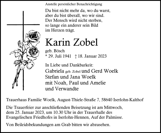 Traueranzeige von Karin Zobel von Tageszeitung