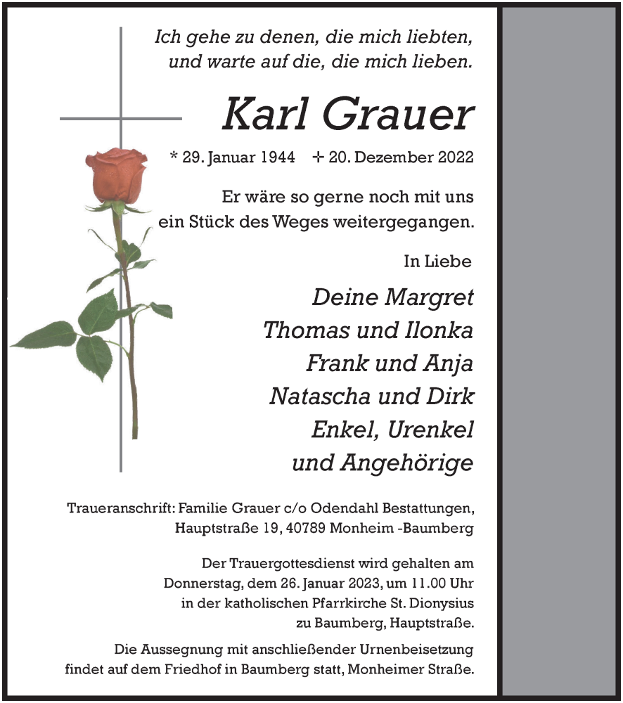  Traueranzeige für Karl Grauer vom 21.01.2023 aus WVW Anzeigenblätter