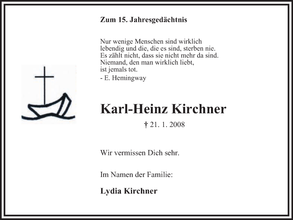  Traueranzeige für Karl-Heinz Kirchner vom 21.01.2023 aus Tageszeitung