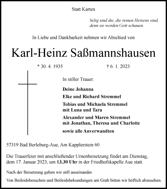 Traueranzeige von Karl-Heinz Saßmannshausen von Tageszeitung