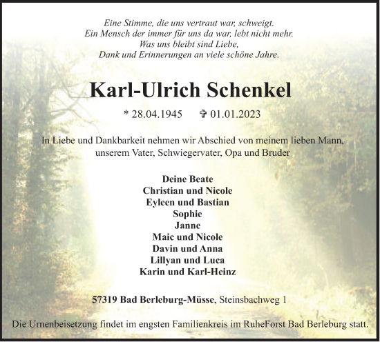 Traueranzeige von Karl-Ulrich Schenkel von Tageszeitung