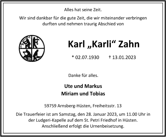 Traueranzeige von Karl Zahn von Tageszeitung