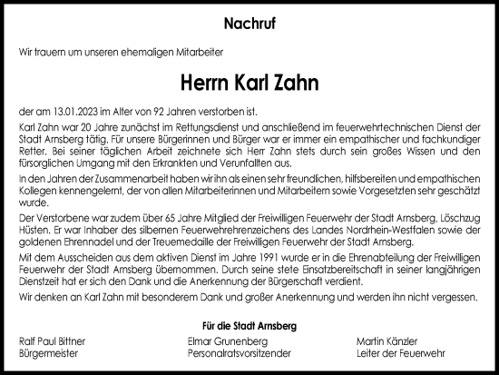 Traueranzeige von Karl Zahn von Tageszeitung