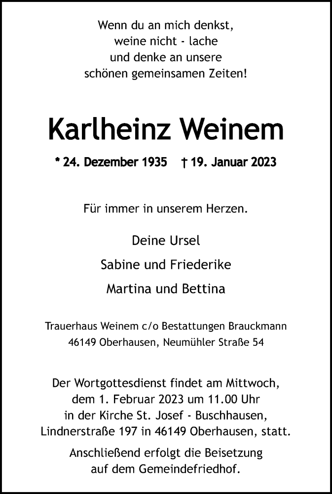  Traueranzeige für Karlheinz Weinem vom 28.01.2023 aus WVW Anzeigenblätter
