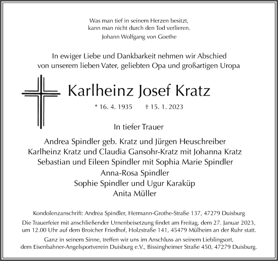 Traueranzeige von Karlheinz Josef Kratz von Tageszeitung