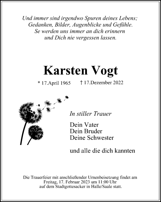 Traueranzeige von Karsten Vogt von Tageszeitung