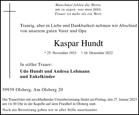 Traueranzeige von Kaspar Hundt von Tageszeitung