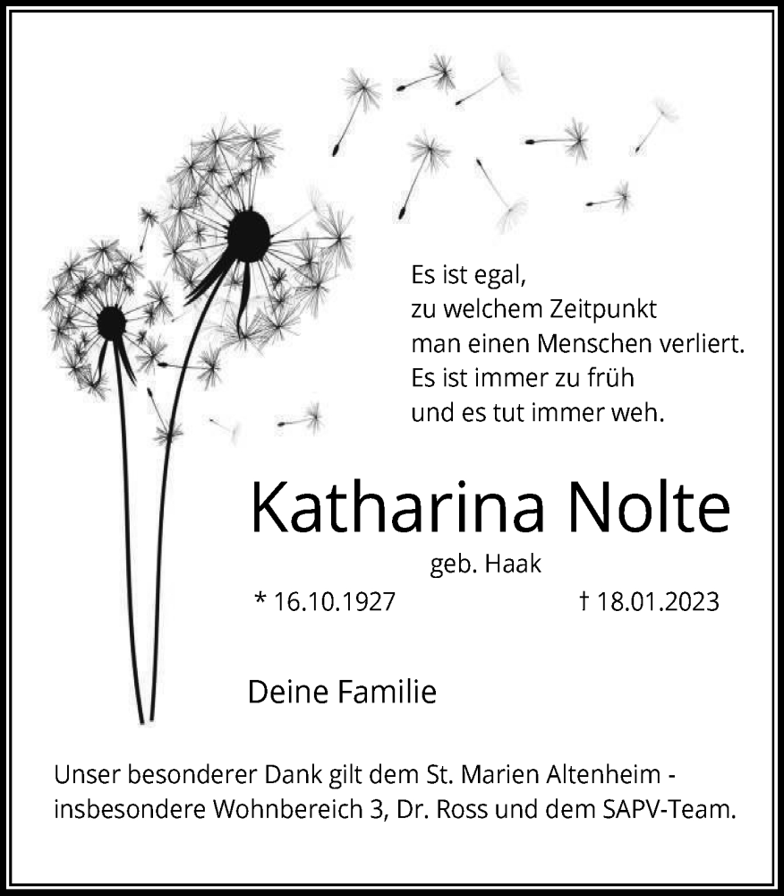  Traueranzeige für Katharina Nolte vom 28.01.2023 aus WVW Anzeigenblätter