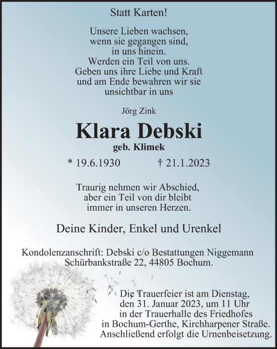 Traueranzeige von Klara Debski von WVW Anzeigenblätter