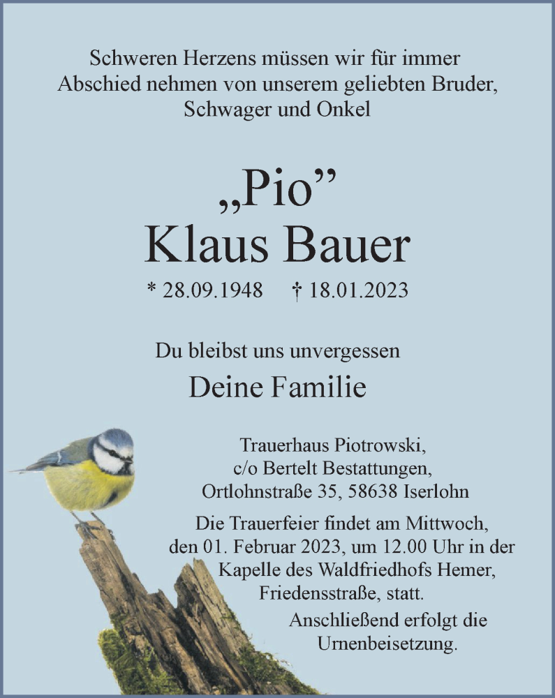  Traueranzeige für Klaus Bauer vom 28.01.2023 aus WVW Anzeigenblätter