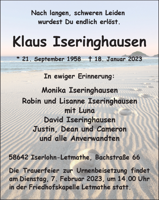 Traueranzeige von Klaus Iseringhausen von WVW Anzeigenblätter