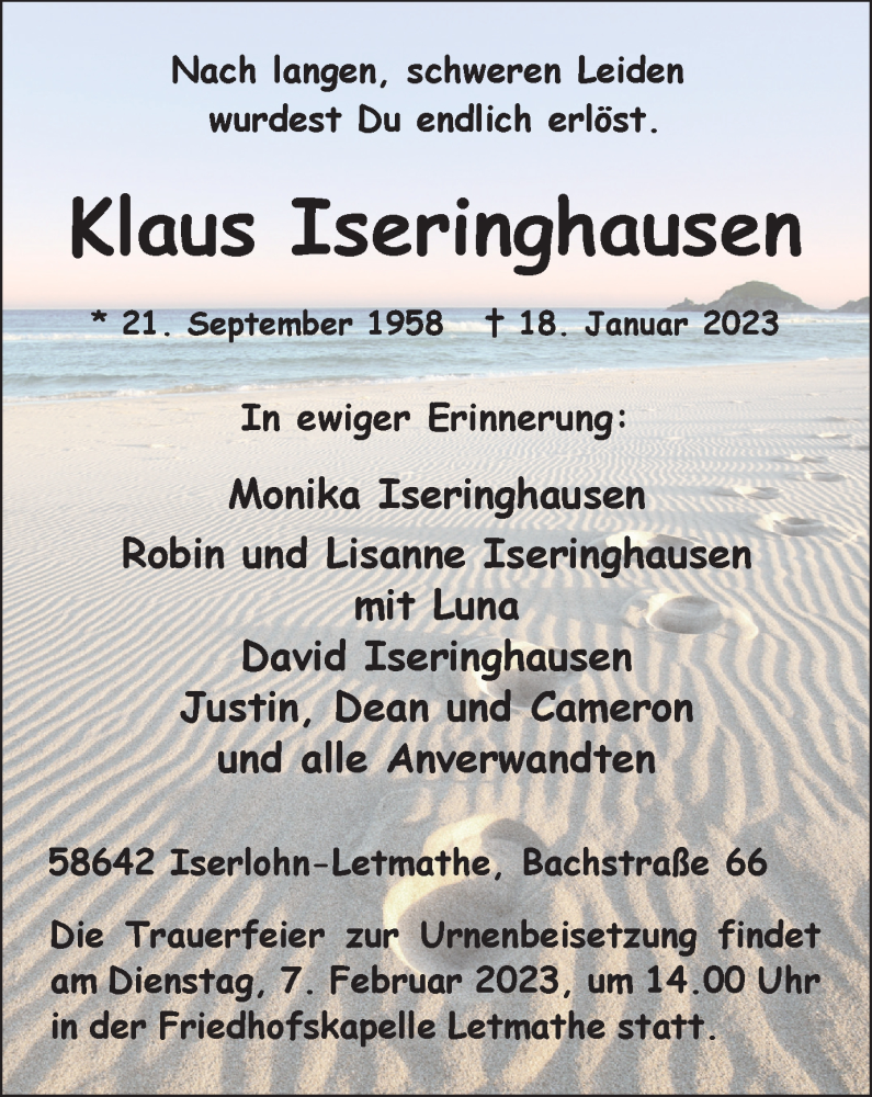 Traueranzeige für Klaus Iseringhausen vom 28.01.2023 aus WVW Anzeigenblätter