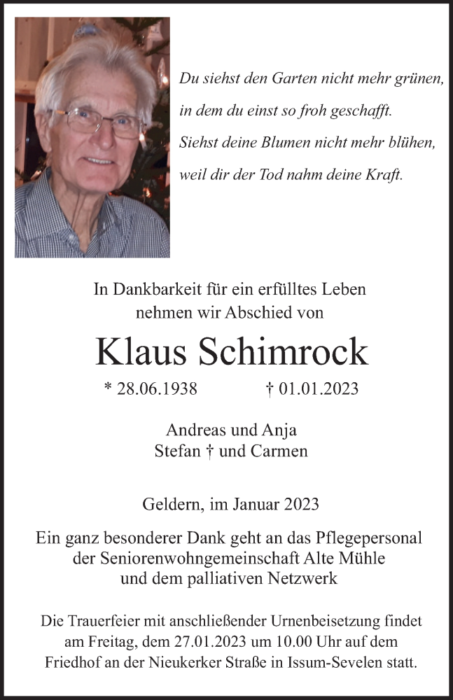  Traueranzeige für Klaus Schimrock vom 21.01.2023 aus Tageszeitung