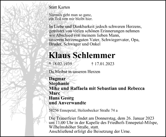 Traueranzeige von Klaus Schlemmer von Tageszeitung