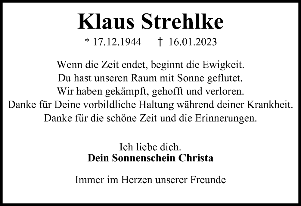 Traueranzeige für Klaus Strehlke vom 21.01.2023 aus WVW Anzeigenblätter