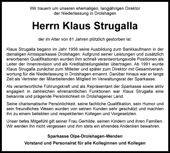 Traueranzeige von Klaus Strugalla von Tageszeitung