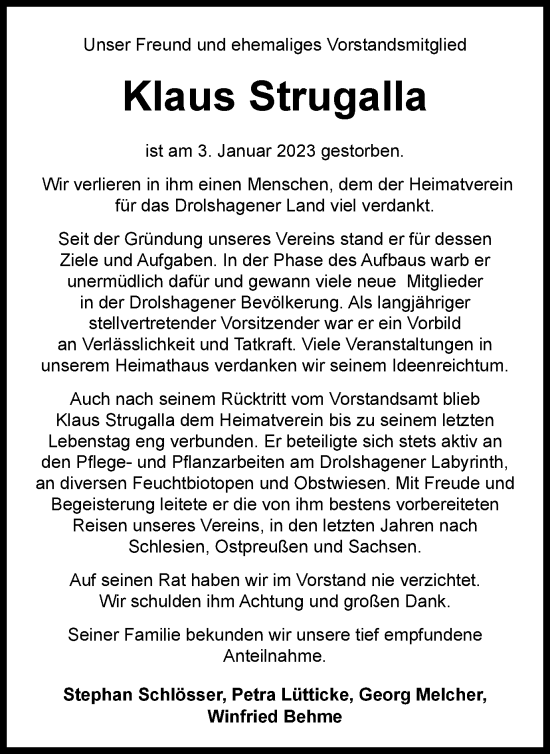 Traueranzeige von Klaus Strugalla von Tageszeitung