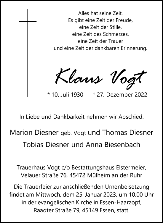 Traueranzeige von Klaus Vogt von Tageszeitung