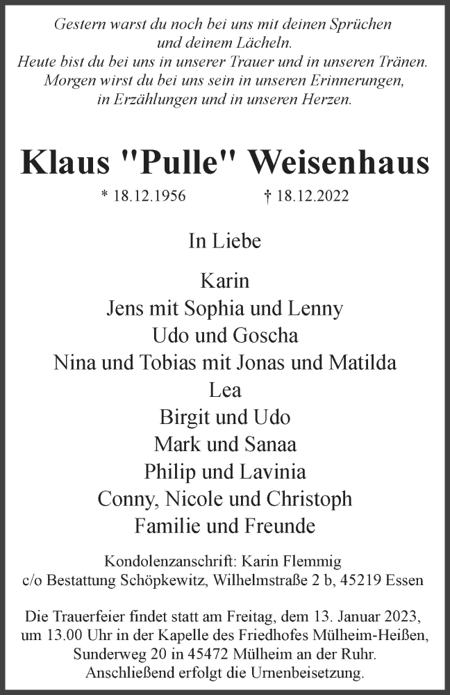  Traueranzeige für Klaus Weisenhaus vom 07.01.2023 aus Tageszeitung