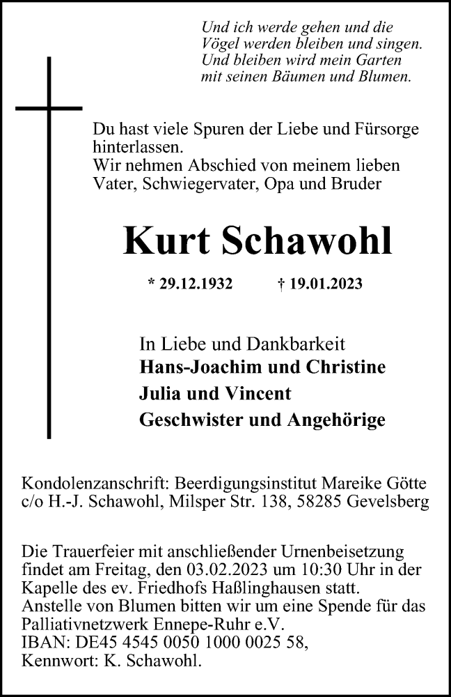  Traueranzeige für Kurt Schawohl vom 28.01.2023 aus Tageszeitung