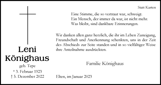 Traueranzeige von Leni Könighaus von WVW Anzeigenblätter
