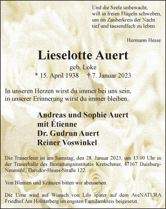 Traueranzeige von Lieselotte Auert von Tageszeitung