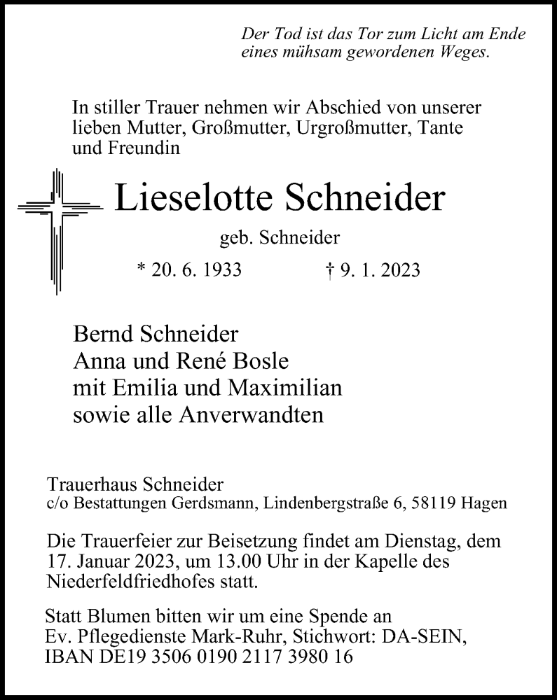  Traueranzeige für Lieselotte Schneider vom 14.01.2023 aus Tageszeitung