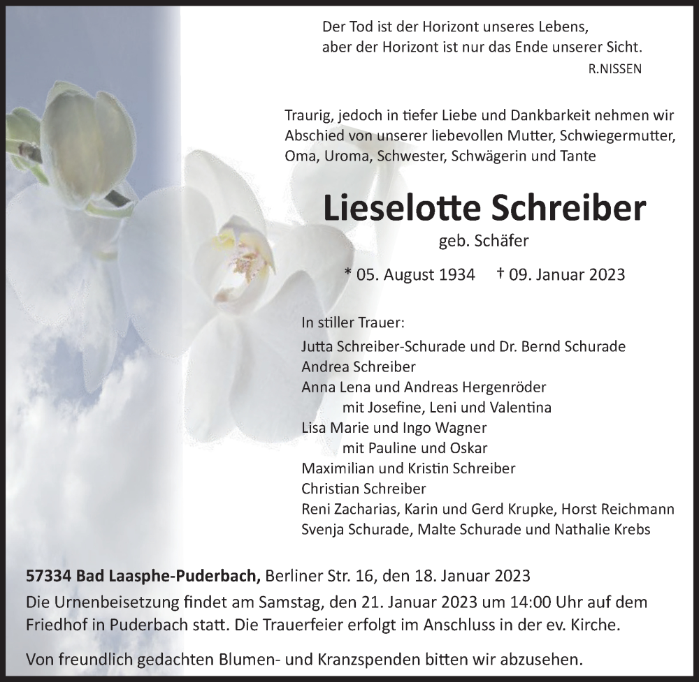  Traueranzeige für Lieselotte Schreiber vom 18.01.2023 aus Tageszeitung