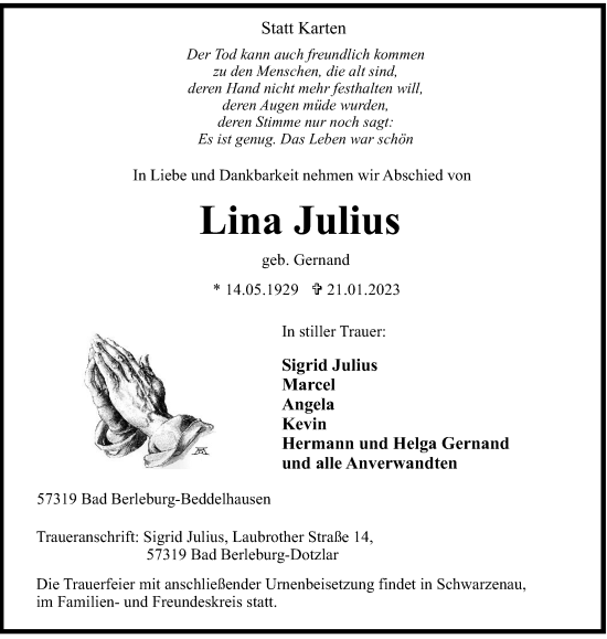 Traueranzeige von Lina Julius von Tageszeitung