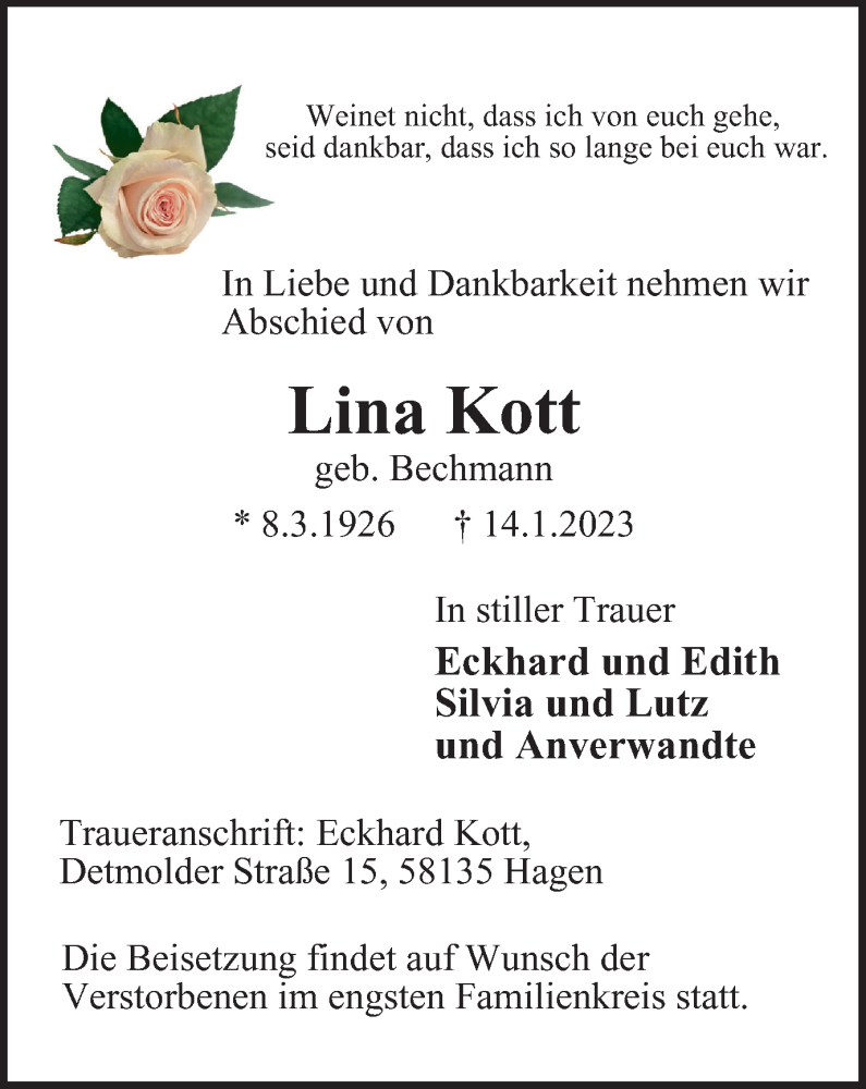 Traueranzeige für Lina Kott vom 25.01.2023 aus Tageszeitung