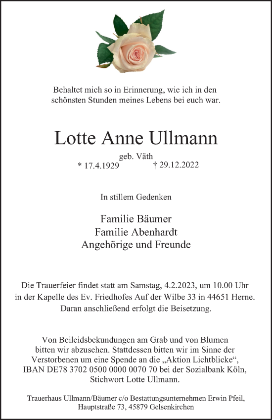 Traueranzeige von Lotte Anne Ullmann von Tageszeitung