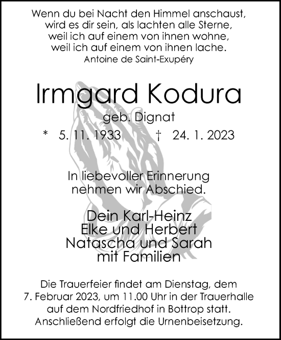 Traueranzeige von lrmgard Kodura von WVW Anzeigenblätter