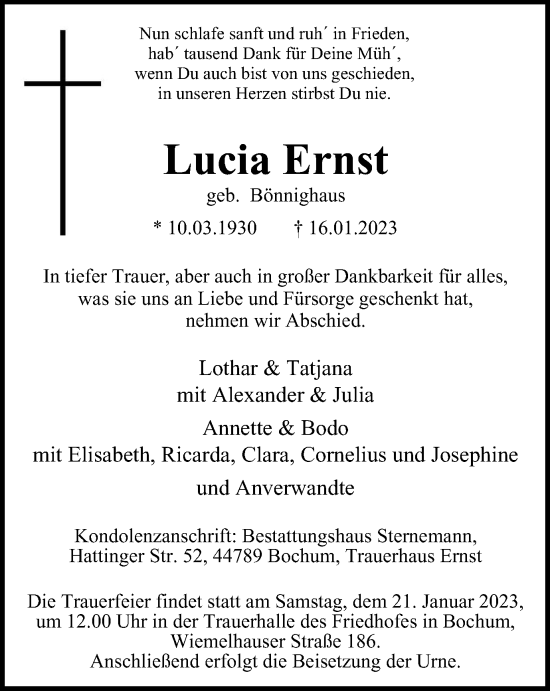 Traueranzeige von Lucia Ernst von Tageszeitung
