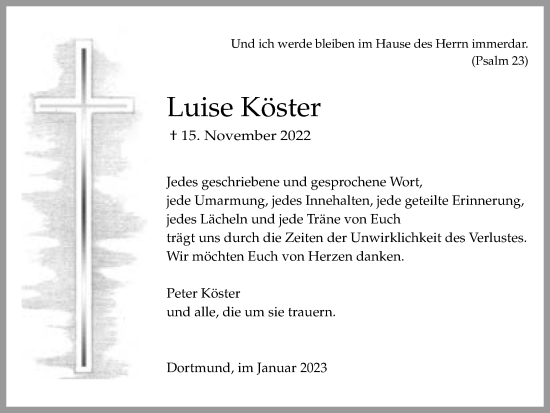 Traueranzeige von Luise Köster von Tageszeitung