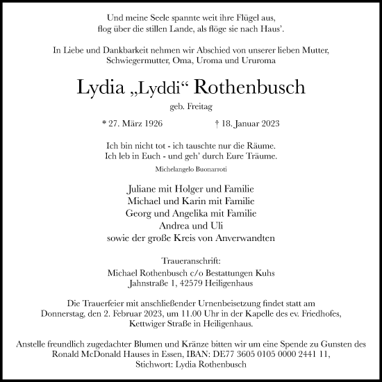 Traueranzeige von Lydia  Rothenbusch von WVW Anzeigenblätter