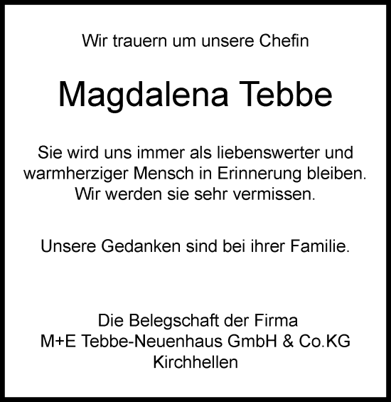 Traueranzeige von Magdalena Tebbe von Tageszeitung