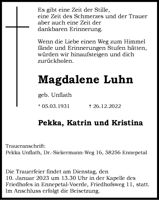Traueranzeige von Magdalene Luhn von Tageszeitung