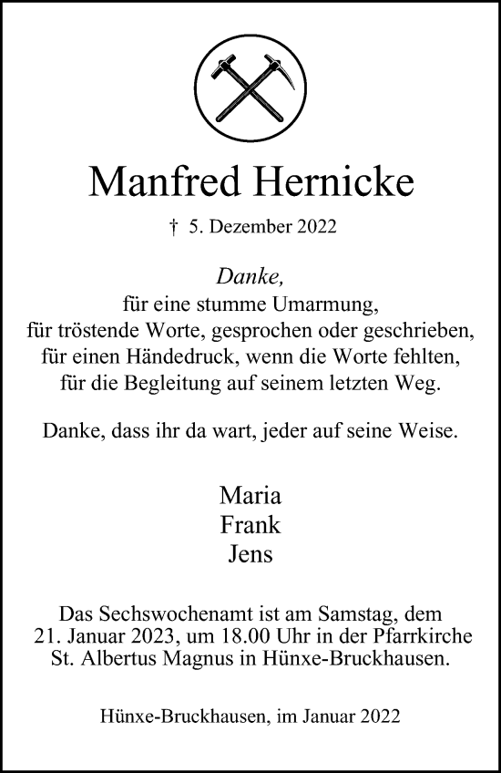 Traueranzeige von Manfred Hernicke von Tageszeitung