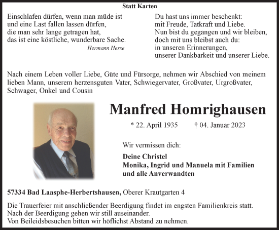Traueranzeige von Manfred Homrighausen von Tageszeitung