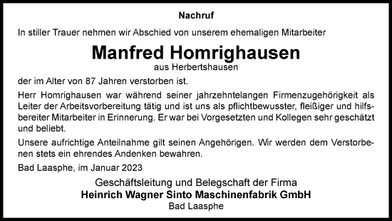 Traueranzeige von Manfred Homrighausen von Tageszeitung
