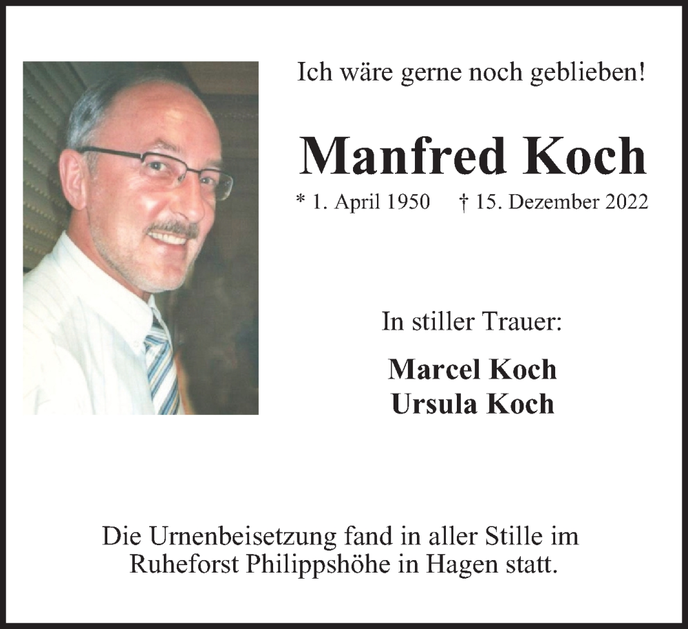  Traueranzeige für Manfred Koch vom 14.01.2023 aus Tageszeitung