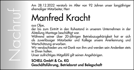 Traueranzeige von Manfred Kracht von Tageszeitung