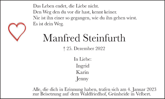 Traueranzeige von Manfred Steinfurth von WVW Anzeigenblätter