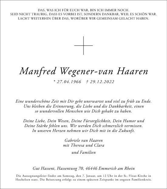 Traueranzeige von Manfred Wegener-van Haaren von Tageszeitung