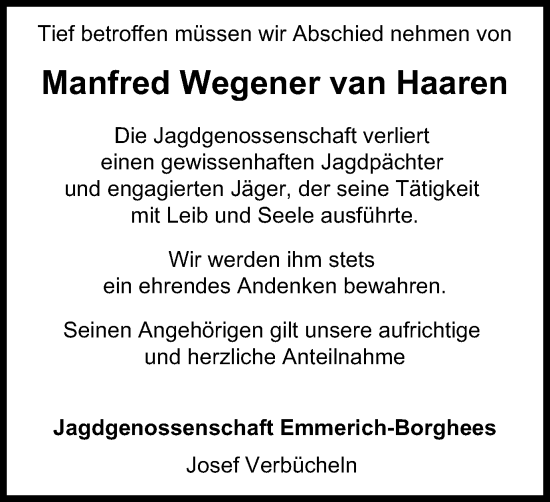 Traueranzeige von Manfred Wegener van Haaren von Tageszeitung