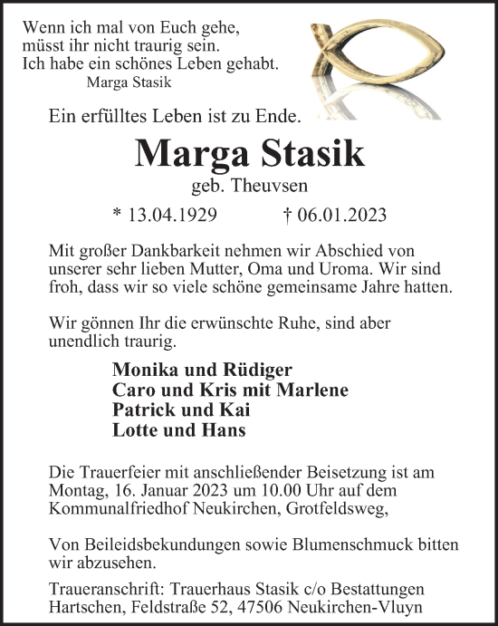 Traueranzeige von Marga Stasik von Tageszeitung