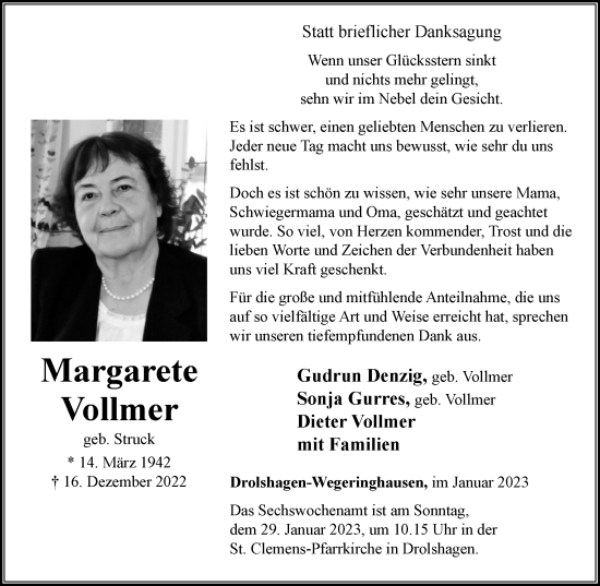 Traueranzeige von Margarete Vollmer von Tageszeitung